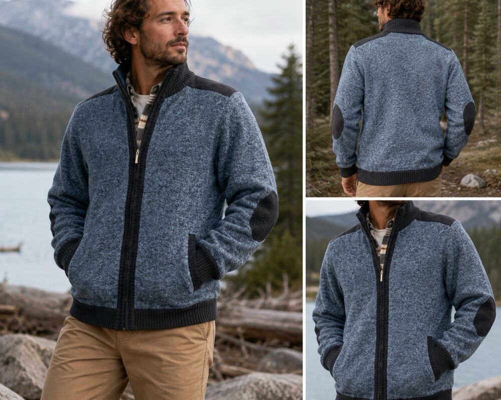 YeoKou Men 2XL Blue Cashmere Wool Blend Full Zip Sweater Elbow Patch Cardigan